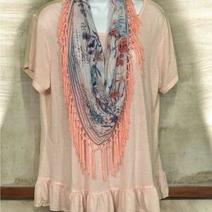 ONE WORLD Pink and Blue Top with Floral Accent